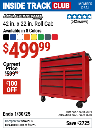 Inside Track Club members can Buy the U.S. GENERAL 42 in. x 22 in. Roll Cab, Series 3 (Item 70370/70373/70363/70372/70371/70368/70367/58723) for $499.99, valid through 1/30/2025.