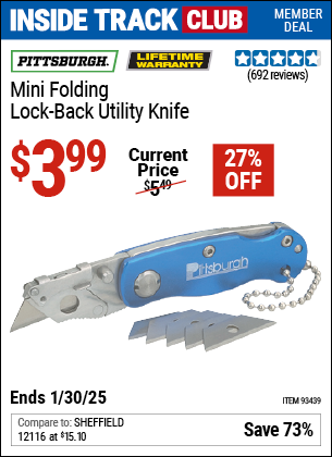 Inside Track Club members can Buy the PITTSBURGH Mini Folding Lock-Back Utility Knife (Item 93439) for $3.99, valid through 1/30/2025.