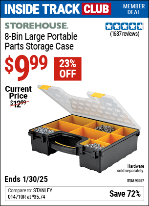 Inside Track Club members can Buy the STOREHOUSE 8-Bin Large Portable Parts Storage Case (Item 93927) for $9.99, valid through 1/30/2025.