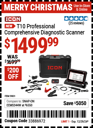 Buy the ICON T10 Professional Comprehensive Diagnostic Scanner (Item 59831) for $1499.99, valid through 12/29/2024.