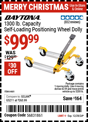 Buy the DAYTONA 1300 lb. Capacity Self-Loading Positioning Wheel Dolly (Item 64601) for $99.99, valid through 12/29/2024.