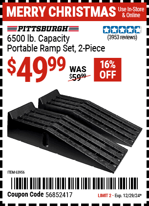 Buy the PITTSBURGH AUTOMOTIVE 6500 lb. Capacity Portable Ramp Set, 2-Piece (Item 63956) for $49.99, valid through 12/29/2024.