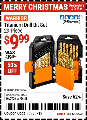 Buy the WARRIOR Titanium Drill Bit Set, 29-Piece (Item 61637/62281) for $9.99, valid through 12/29/2024.