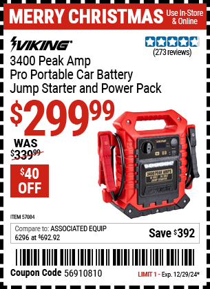 Buy the VIKING 3400 Peak Amp Pro Portable Car Battery Jump Starter and Power Pack (Item 57084) for $299.99, valid through 12/29/2024.