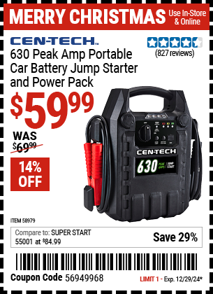 Buy the CEN-TECH 630 Peak Amp Portable Car Battery Jump Starter and Power Pack (Item 58979) for $59.99, valid through 12/29/2024.