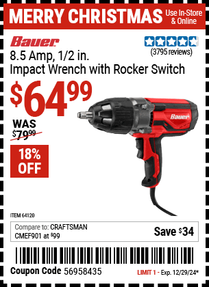 Buy the BAUER 8.5 Amp 1/2 in. Impact Wrench with Rocker Switch (Item 64120) for $64.99, valid through 12/29/2024.