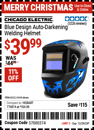 Buy the CHICAGO ELECTRIC Blue Design Auto-Darkening Welding Helmet (Item 61610/63122) for $39.99, valid through 12/29/2024.