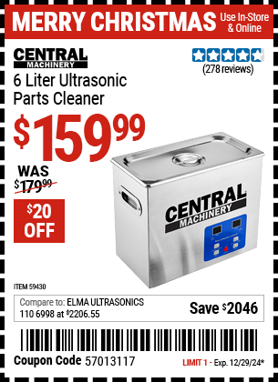 Buy the CENTRAL MACHINERY 6 Liter Ultrasonic Parts Cleaner (Item 59430) for $159.99, valid through 12/29/2024.