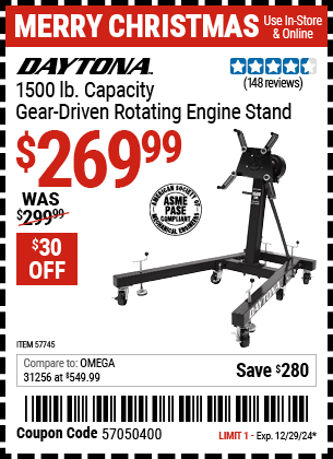 Buy the DAYTONA 1500 lb. Capacity Gear-Driven Rotating Engine Stand (Item 57745) for $269.99, valid through 12/29/2024.