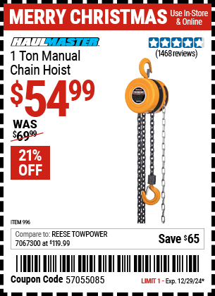 Buy the HAUL-MASTER 1 Ton Manual Chain Hoist (Item 00996) for $54.99, valid through 12/29/2024.