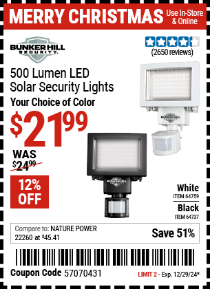 Buy the BUNKER HILL SECURITY 500 Lumen LED Solar Security Light (Item 64737/64759) for $21.99, valid through 12/29/2024.