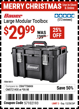 Buy the BAUER Large Modular Toolbox (Item 58511) for $29.99, valid through 12/29/2024.