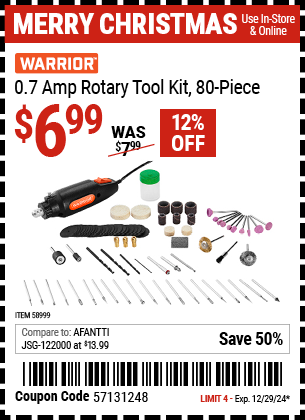 Buy the WARRIOR 0.7 Amp Rotary Tool Kit, 80-Piece (Item 58999) for $6.99, valid through 12/29/2024.