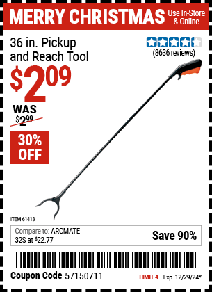 Buy the 36 in. Pickup and Reach Tool (Item 61413) for $2.09, valid through 12/29/2024.