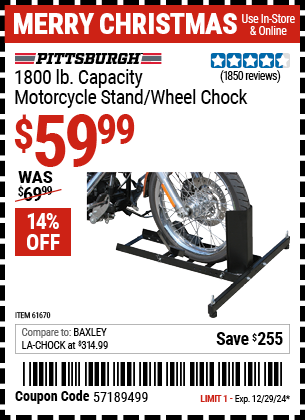 Buy the PITTSBURGH 1800 Lb. Capacity Motorcycle Stand/Wheel Chock (Item 61670) for $59.99, valid through 12/29/2024.