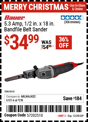 Buy the BAUER 5.3 Amp, 1/2 in. x 18 in. Bandfile Belt Sander (Item 58155) for $34.99, valid through 12/29/2024.