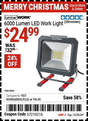 Buy the LUMINAR WORK 6000 Lumen LED Work Light (Item 58487) for $24.99, valid through 12/29/2024.