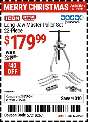 Buy the ICON Long Jaw Master Puller Set, 22-Piece (Item 58003) for $179.99, valid through 12/29/2024.