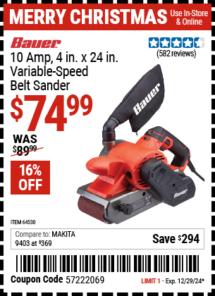 Buy the BAUER 10 Amp 4 in. x 24 in. Variable Speed Belt Sander (Item 64530) for $74.99, valid through 12/29/2024.