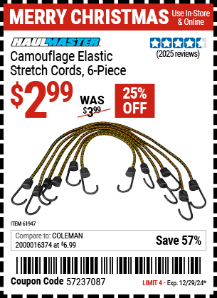 Buy the HAUL-MASTER Camouflage Elastic Stretch Cords, 6 Piece (Item 61947) for $2.99, valid through 12/29/2024.