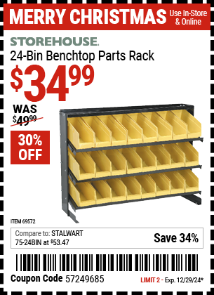 Buy the STOREHOUSE 24-Bin Benchtop Parts Rack (Item 69572) for $34.99, valid through 12/29/2024.