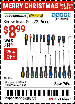 Buy the PITTSBURGH Screwdriver Set, 22-Piece (Item 69420) for $8.99, valid through 12/29/2024.