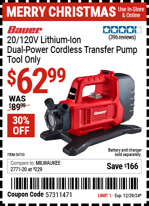 Buy the BAUER 20/120V Lithium-Ion Dual-Power Cordless Transfer Pump - Tool Only (Item 56733) for $62.99, valid through 12/29/2024.