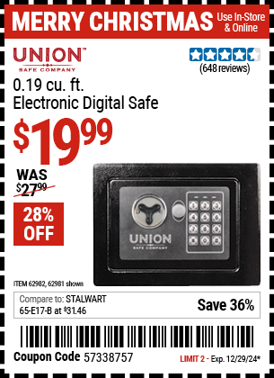 Buy the UNION SAFE COMPANY 0.19 cu. ft. Electronic Digital Safe (Item 62981/62982) for $19.99, valid through 12/29/2024.