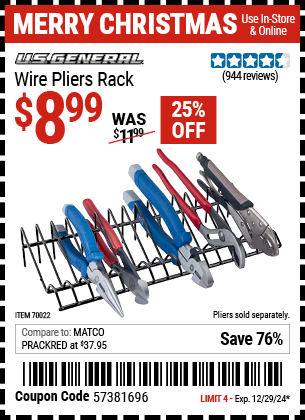 Buy the U.S. GENERAL Wire Pliers Rack (Item 70022) for $8.99, valid through 12/29/2024.