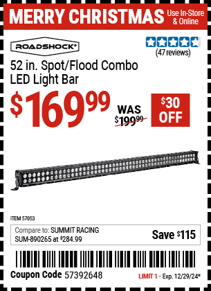 Buy the ROADSHOCK 52 in. Spot/Flood Combo LED Light Bar (Item 57053) for $169.99, valid through 12/29/2024.