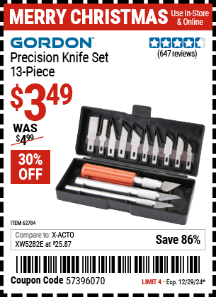 Buy the GORDON Precision Knife Set, 13-Piece (Item 62784) for $3.49, valid through 12/29/2024.