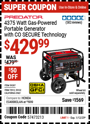 Buy the PREDATOR 4375 Watt Gas-Powered Portable Generator with CO SECURE Technology (Item 59132/59207/72912) for $429.99, valid through 1/12/2025.