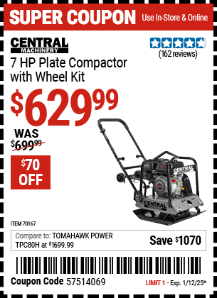 Buy the CENTRAL MACHINERY 7 HP Plate Compactor with Wheel Kit (Item 70167) for $629.99, valid through 1/12/2025.