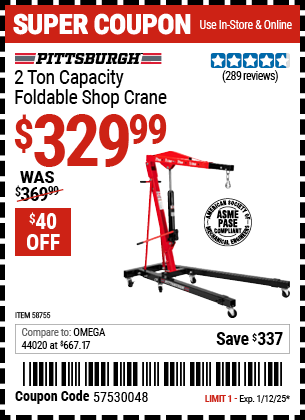 Buy the PITTSBURGH 2 Ton-Capacity Foldable Shop Crane (Item 58755) for $329.99, valid through 1/12/2025.