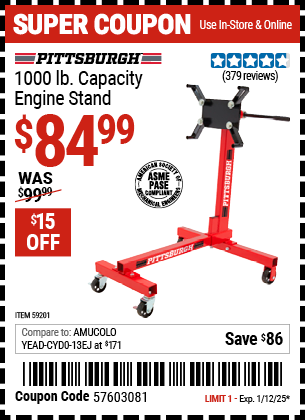 Buy the PITTSBURGH 1000 lb. Capacity Engine Stand (Item 59201) for $84.99, valid through 1/12/2025.