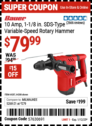 Buy the BAUER 10 Amp, 1-1/8 in. SDS Type Variable-Speed Rotary Hammer (Item 64288/64287) for $79.99, valid through 1/12/2025.