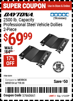 Buy the DAYTONA 2500 lb. Capacity Professional Steel Vehicle Dollies, 2-Piece (Item 58394) for $69.99, valid through 1/12/2025.