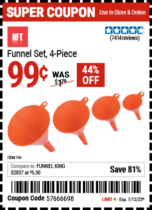 Buy the HFT Funnel Set, 4-Piece (Item 744) for $0.99, valid through 1/12/2025.