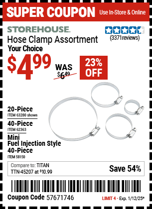 Buy the STOREHOUSE Hose Clamp Assortment (Item 58150/62363/63280) for $4.99, valid through 1/12/2025.