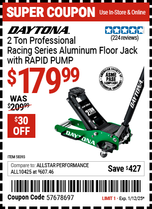 Buy the DAYTONA 2 Ton Professional Racing Series Aluminum Floor Jack with RAPID PUMP (Item 58393) for $179.99, valid through 1/12/2025.