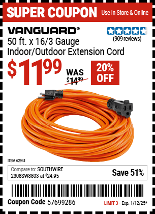 Buy the VANGUARD 50 ft. x 16/3 Gauge Indoor/Outdoor Extension Cord, Orange (Item 62941) for $11.99, valid through 1/12/2025.