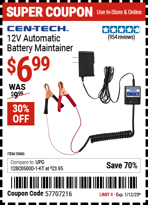 Buy the CEN-TECH 12V Automatic Battery Maintainer (Item 59000) for $6.99, valid through 1/12/2025.