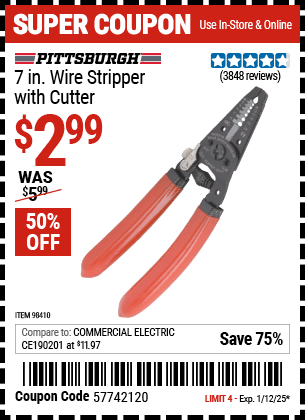 Buy the PITTSBURGH 7 in. Wire Stripper with Cutter (Item 98410) for $2.99, valid through 1/12/2025.