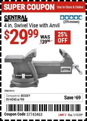 Buy the CENTRAL MACHINERY 4 in. Swivel Vise with Anvil (Item 59114) for $29.99, valid through 1/12/2025.