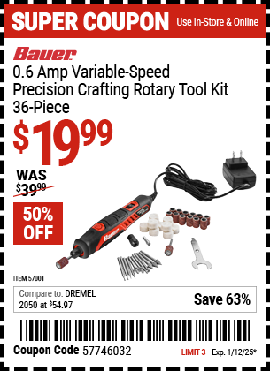 Buy the BAUER 0.6 Amp Variable Speed Precision Crafting Rotary Tool Kit, 36-Piece (Item 57001) for $19.99, valid through 1/12/2025.