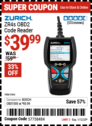 Buy the ZURICH ZR4s OBD2 Code Reader (Item 57663) for $39.99, valid through 1/12/2025.