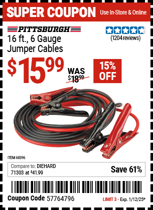 Buy the PITTSBURGH AUTOMOTIVE 16 ft. 6 Gauge Jumper Cables (Item 60396) for $15.99, valid through 1/12/2025.