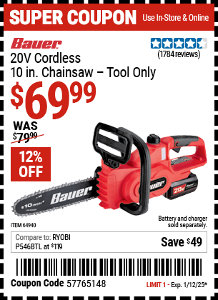 Buy the BAUER 20V Cordless 10 in. Chainsaw – Tool Only (Item 64940) for $69.99, valid through 1/12/2025.