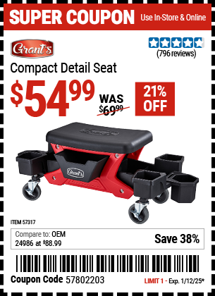 Buy the GRANT'S Compact Detail Seat (Item 57317) for $54.99, valid through 1/12/2025.