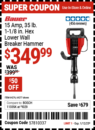 Buy the BAUER 15 Amp 35 lb. 1-1/8 in. Hex Lower Wall Breaker Hammer (Item 64277/64276) for $349.99, valid through 1/12/2025.